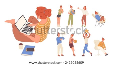 Red-haired woman cartoon character set lifestyle activities, daily life schedule, leisure and work Royalty-Free Stock Photo #2433055609