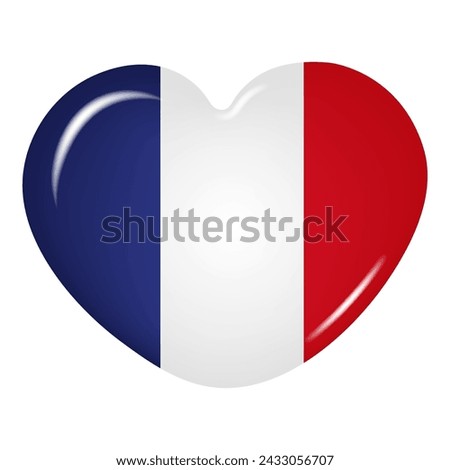 3D heart-shaped icon of the French flag isolated on a transparent background. Country flag button. Vector illustration.