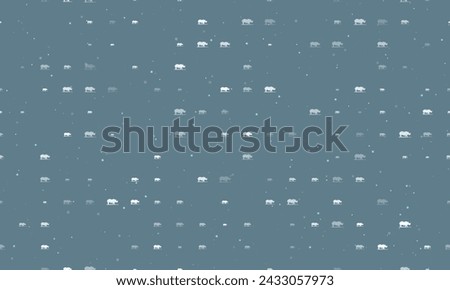 Seamless background pattern of evenly spaced white wild rhino symbols of different sizes and opacity. Vector illustration on blue gray background with stars