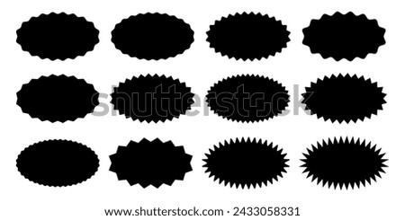 Set or oval shapes with wiggly and zigzag borders. Empty black sale, price, discount, special offer, coupon, promo code stickers. Speech bubbles, messages, text boxes in cartoon style. Royalty-Free Stock Photo #2433058331