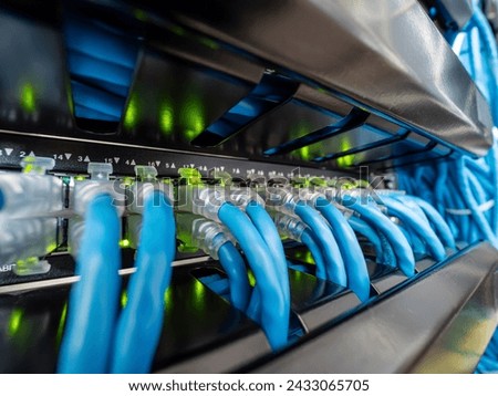 Network switch and ethernet cable in rack cabinet. Network connection technology and has a status LED to show working status. Concept of infrastructure with cables connected to data center Royalty-Free Stock Photo #2433065705