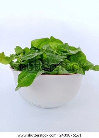 Spinach is a plant known as a vegetable source of iron which is important for the body. photo of a bowl of spinach on a white background