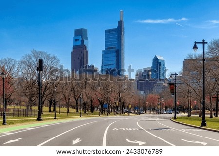 Philadelphia skyline. Road trip in beautiful spring sunny day in Philadelphia, Pennsylvania