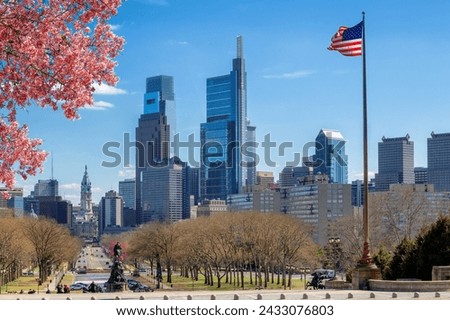Philadelphia skyline with spring flowers in spring sunny day, Philadelphia, Pennsylvania.