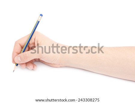 Male hand holding a pencil over the white surface, composition isolated over the white background