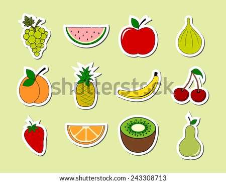 Set of fruits object stickers. Colorful ripe fruit sticky icon collection. cartoon drawing design, white frame, vector art image illustration, isolated on green background