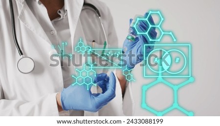 Image of chemical structures over biracial female doctor preparing vaccine. Global medicine and digital interface concept digitally generated image.