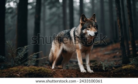 Wolf dog in snow forest stiff eyes gray brown husky Royalty-Free Stock Photo #2433100361