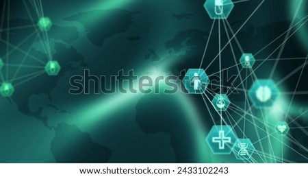 Image of digital interface with medical icons and network of connections with world map on green background. Global computer network technology concept digitally generated image.