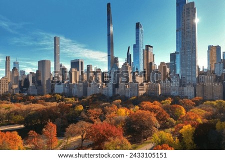 Autumn Fall. Autumnal Central Park view from drone. Aerial of NY City Manhattan Central Park panorama in Autumn. Autumn in Central Park. Autumn NYC. Central Park Fall Colors of foliage. Royalty-Free Stock Photo #2433105151