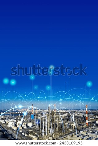 Modern industrial area aerial view and communication network concept. Communication network. INDUSTRY 4.0. Factory automation. Vertical visual for advertisements and banners.