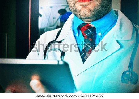 Healthcare, doctor and tablet in hands at hospital for telehealth, research and online prescription. Insurance, clinic and male with digital tech for medical report, data analysis and patient care