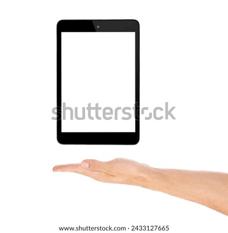 Hand, tablet and screen for mockup space in studio, display and product placement on white background. Person, tech and website or networking for marketing, app and internet or online for advertising