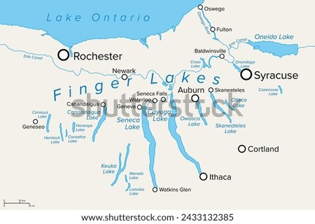 Finger Lakes region in New York State, in the United States, political map, with most important cities. Group of eleven long, narrow, roughly south-north lakes, located directly south of Lake Ontario. Royalty-Free Stock Photo #2433132385