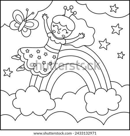 Vector black and white square background with fairy princess sliding down the rainbow under stars. Magic or fantasy world line scene. Fairytale landscape or coloring page. Night sky illustration
