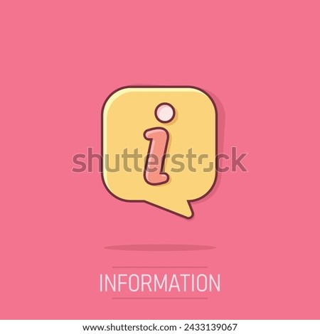 Information icon in comic style. FAQ help cartoon vector illustration on isolated background. Helpdesk splash effect business concept.