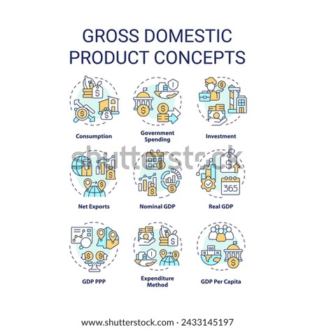 Gross domestic product multi color concept icons. National economic. Government spending. Goods and services. Icon pack. Vector images. Round shape illustrations for brochure, booklet. Abstract idea