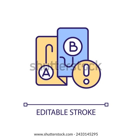 A B test awareness RGB color icon. Marketing strategy methods. Advertising campaign research. Testing products. Isolated vector illustration. Simple filled line drawing. Editable stroke