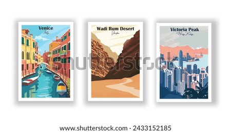 Venice, Italy. Victoria Peak, Hong Kong. Wadi Rum Desert, Jordan - Set of 3 Vintage Travel Posters. Vector illustration. High Quality Prints