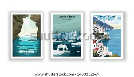 Amalfi Coast, Italy. Arctic Circle. The Blue Grotto, Malta - Set of 3 Vintage Travel Posters. Vector illustration. High Quality Prints Royalty-Free Stock Photo #2433152669