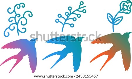 Silhouettes of birds, branches, and flowers on a white background.with gradient color