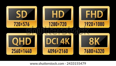 Ultra Hd icon collection. 8k Ultra Hd icon, SD, FHD, QHD, DCI 4k, Logo 480p SD, 720p HD, 1080p, vector TV screen quality. Resolution icon. Video size resolution icon. Vector illustration Royalty-Free Stock Photo #2433155479