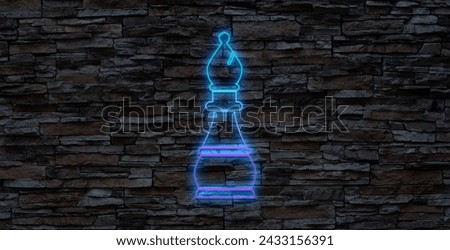 Neon chessmen bishop icon. Glowing neon bishop sign, outline chess piece and silhouette in vivid colors. Online chess game, strategy tactics on chessboard, checkmate. Vector icon set, sign, pictogram.