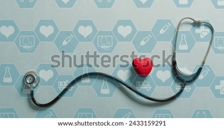 Image of medical icons over stethoscope with heart. Global medicine and digital interface concept digitally generated image.