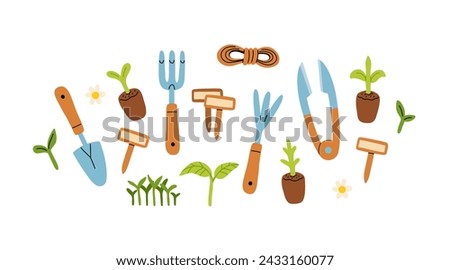 Set of gardening items in hand drawn cartoon style. Various agricultural and garden tools for spring work. Garden equipment, seedlings and flowers, rope and knife. Vector clip art illustration.