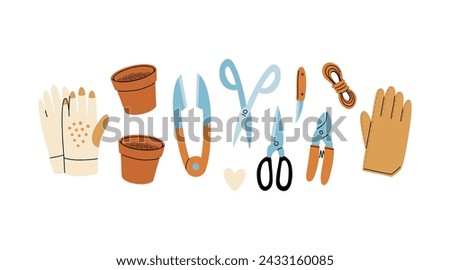 Set of gardening items in hand drawn cartoon style. Various agricultural and garden tools for spring work. Garden gloves, pots, scissors, rope and knife. Vector clip art illustration.