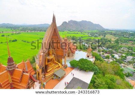 Tiger Cave Temple and green field in bird eye view