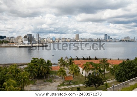 Cityscape of Havana, Cuba capital city and Malecon promenade, with Bahia de la Habana bay