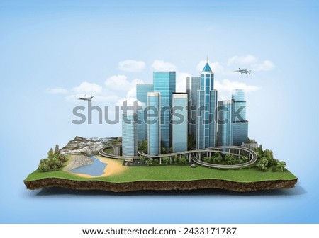 Corprate constracted buildings on a erth mat animated with cloud and green trees 