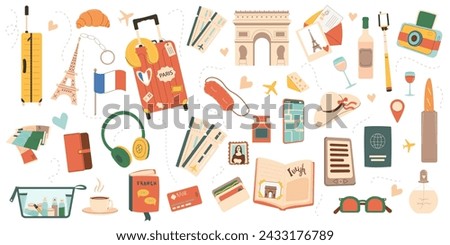 Travel France set. Visit to Paris elements isolated on white background. Trip to Europe country for adventure and rest. Holiday weekend vacation collection. Vector flat illustration.