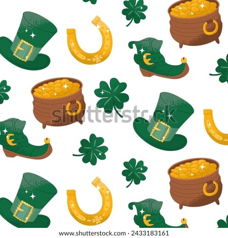 Seamless endless pattern for St. Patrick's Day. Irish traditional holiday. Treasure hunt and party at the bar. Vector illustration on a transparent background.