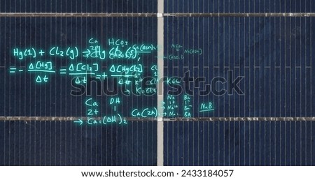 Image of mathematical equations over solar panels. Global science, ecology and digital interface concept digitally generated image. Royalty-Free Stock Photo #2433184057