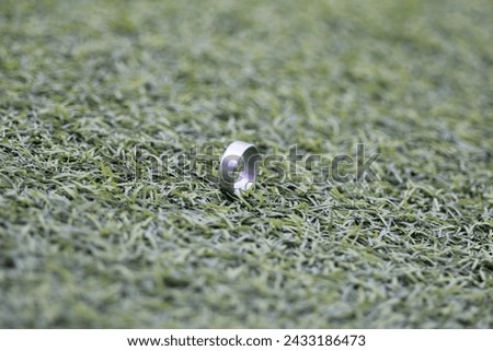 Bathed in the warm glow of the setting sun, the wedding ring rests on a lush grassy knoll. The play of light creates a serene atmosphere, accentuating the ring's contours and casting a golden 