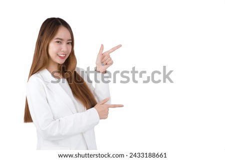 Portrait Asian professional young business woman is smiling confidently and shows her hands to present good symbol while isolated white background.