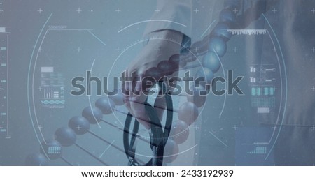 Image of dna strand and scope scanning over hand holding stethoscope. Global medicine and digital interface concept digitally generated image.