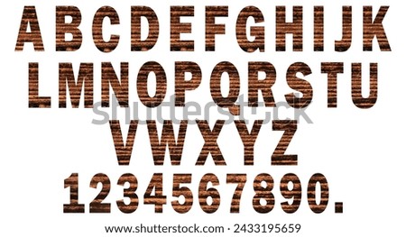Wooden alphabet typeset letters and numbers. Visible cut out wooden image word or word picture designed elements with real wooden texture background.
