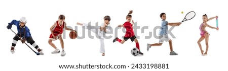 Collage made of portraits of children, diverse group of athletes in action against white studio background. Movement. Concept of sport, motion, active lifestyle, achievements, challenges.