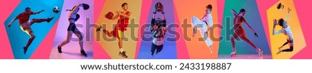 Banner. Collage of football, boxing, martial arts, volleyball and ski athletics in neon light against multicolored studio background. Concept of sport, motion, action, active lifestyle, achievements. Royalty-Free Stock Photo #2433198887