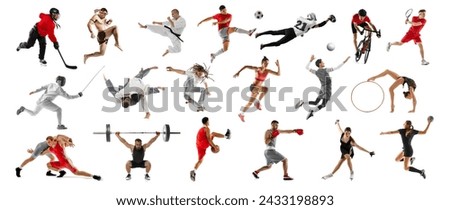 Collage made of dynamic portraits people, professional athletes against white studio background. Concept of sport, active lifestyle, achievements, challenges. Boxing, skiing, martial arts, run. Royalty-Free Stock Photo #2433198893