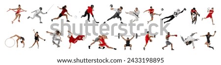 Banner. Multisport collage of competitive, strong, athlete people in motion against white studio background. Movement. Concept of sport, action, active lifestyle, achievements, challenges.