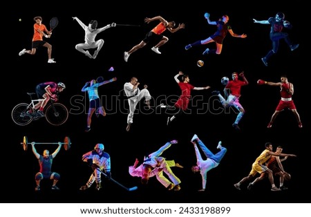 Creative sport collage made of portraits of professional athletes in different kinds of sport training against black studio background. Concept of motion, active lifestyle, achievements, challenges.