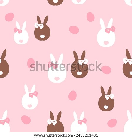 Seamless pattern with bunny rabbit cartoons, bow tie and Easter eggs on pink background vector illustration. 