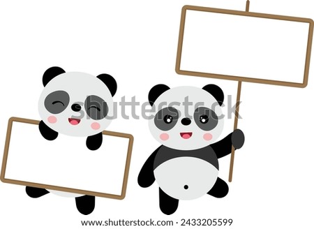 Two cute pandas with signboards