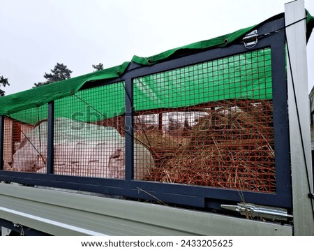 properly covered pile of cut grass from garden maintenance on a trailer with a lattice superstructure for a larger capacity of the truck. gardening services, cage, net, green, foil, tarpaulin, textile Royalty-Free Stock Photo #2433205625