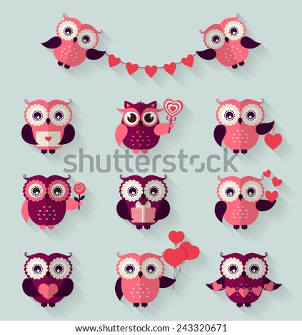 Happy Valentine's Day! Set of cute flat owls for love and romantic design. Vector icons with long shadow.