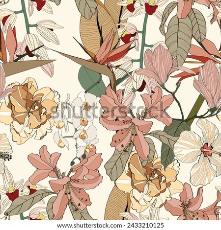 Vintage colors seamless tropical pattern with colorful garden flowers and orchids on white background. Seamless exotic pattern with tropical plants. Exotic wallpaper.  Royalty-Free Stock Photo #2433210125